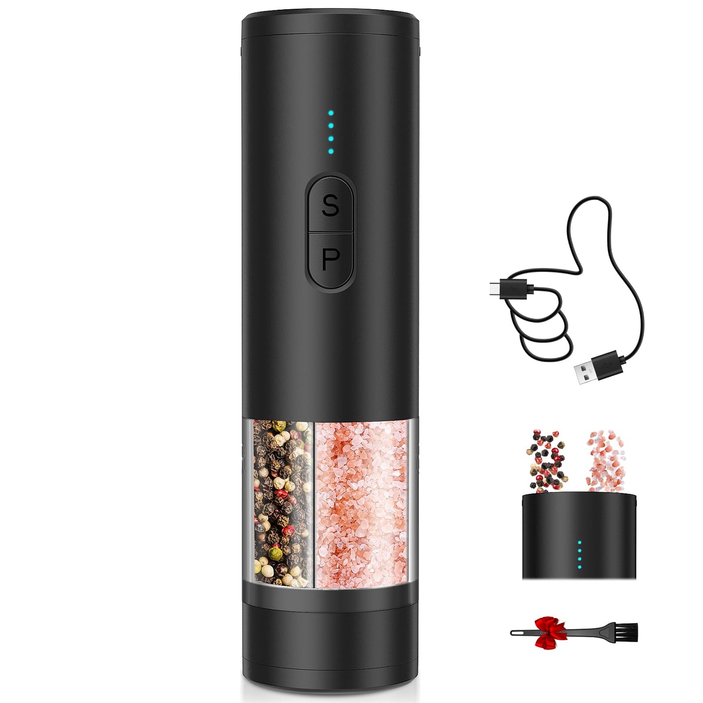 Electric Salt and Pepper Grinder Set 2 in 1, USB Rechargeable, Automatic Salt and Pepper Mill Shakers with LED Light, Battery Display, Adjustable Coarseness, Ideal for Kitchen Outdoor BBQ Gift