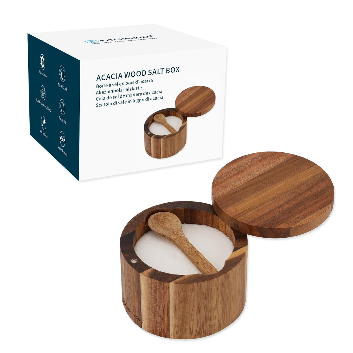 KITCHENDAO Marble Lid Acacia Salt Cellar Box Bowl with Built-in Spoon and Swivel Magnetic Lid Acacia Salt Cellar Box with Built-in Spoon