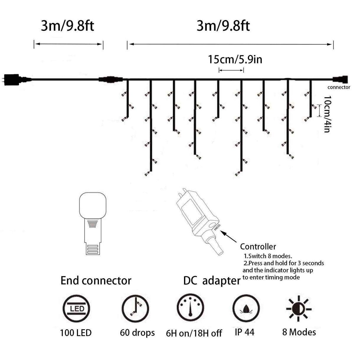 YASENN Icicle Lights 100LED 9.9Ft,8 Lighting Modes String Lights,Icicle Style Lights with Timer,Connectable Fairy Lights Plug in for Wall Eave Roof Porch Garden Christmas Decoration(Cool White)