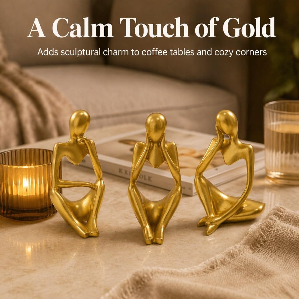 GJFASGF Gold Thinker Statue Set of 3 - Abstract Resin Figurines for Home Decor, Modern Art Sculpture for Office Desk, Bookshelf, Living Room, Minimalist Tabletop Decoration (5 inches)