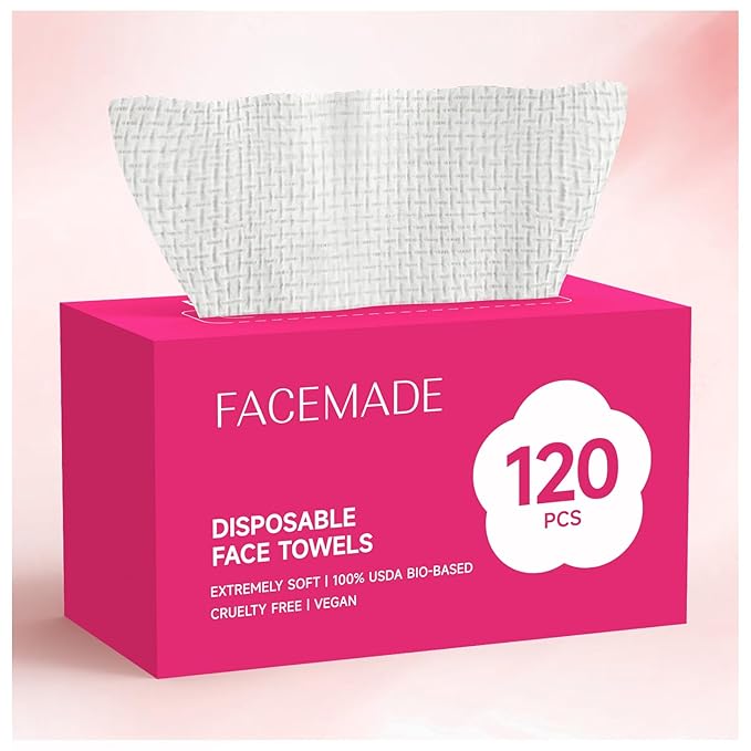 FACEMADE 120 Count Disposable Face Towels, 100% USDA Biobased Face Towelettes