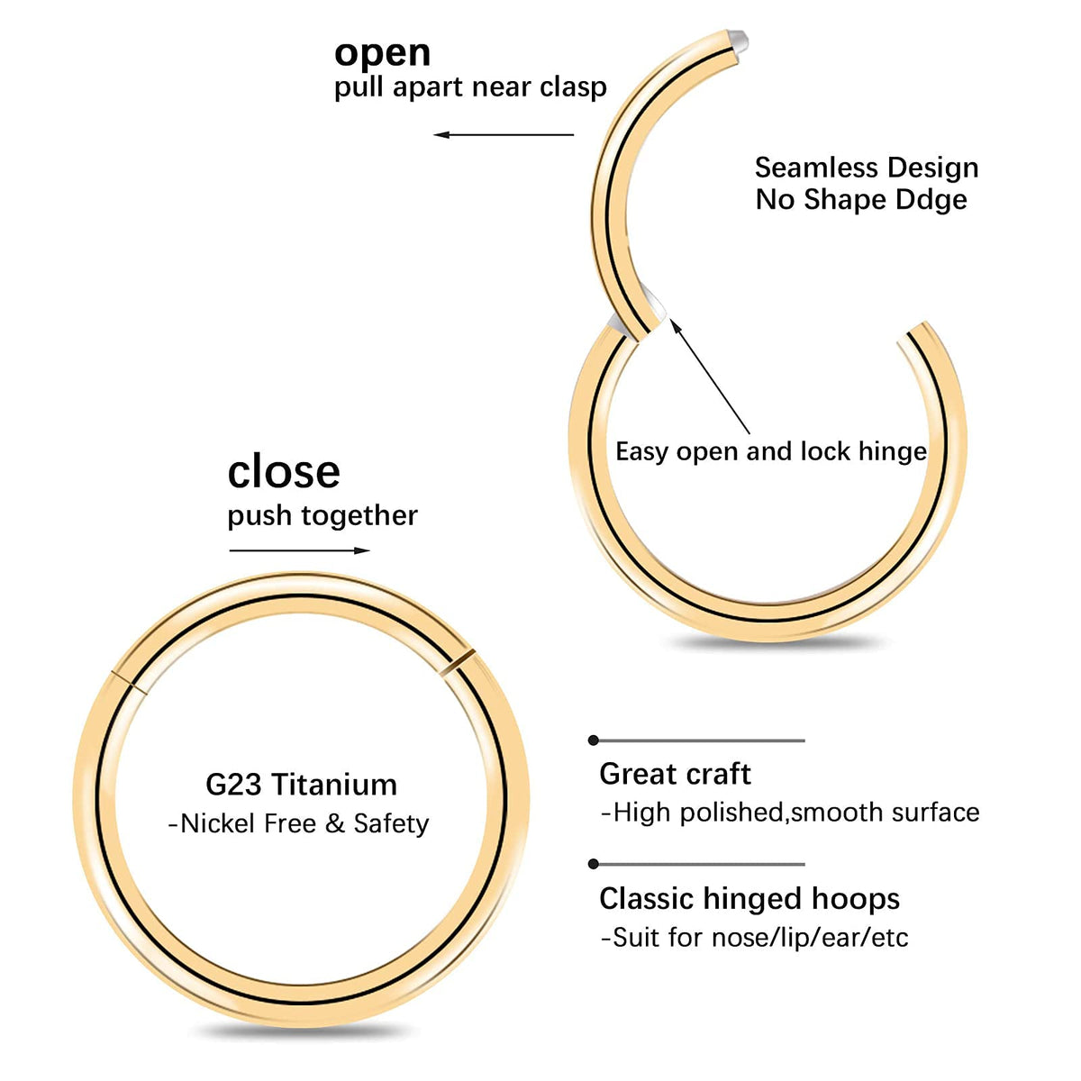 BOGKU 6pcs G23 Titanium Hinged Nose Rings Hoop 18 Gauge 7mm Nose Septum Clicker Segment Rings Cartilage Conch Tragus Helix Rook Hoop Earring Body Piercing Jewelry