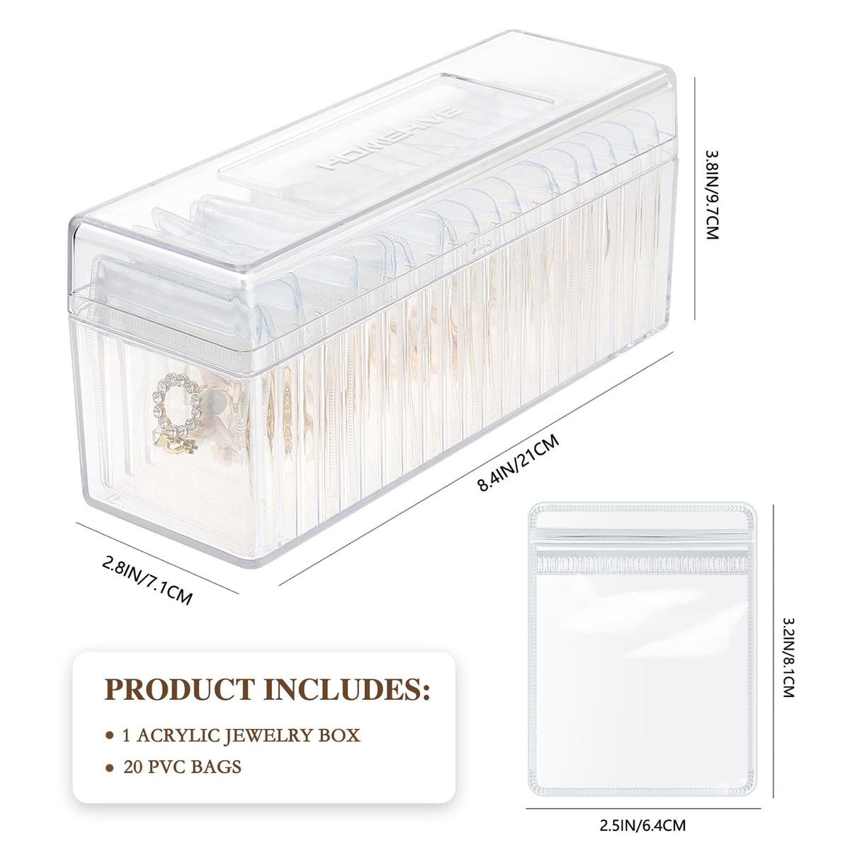 HOMEHIVE Acrylic Jewelry Box Organizer, Clear Jewelry Organizer and Storage with 20 Portable Anti Tarnish Jewelry bags, Travel Jewelry Case for Earrings/Rings/Necklaces Gifts for Women Girls, Clear
