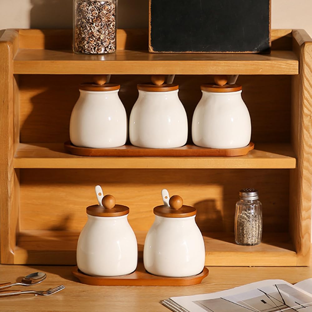 ANQIA Porcelain Condiment Jar Set Spice Jars with Wooden Lids and Tray Ceramic Spice Container with Spoons for Sugar, Salt,Tea, Spices, Coffee (Set of 2)
