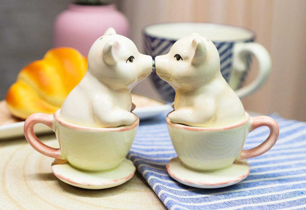 Ebros Ceramic Pastel Pink Adorable Tea Cup Pigs In Miniature Teacups Kissing Salt And Pepper Shakers Set Valentines Love Porky Pig Themed Figurines Party Kitchen Collectible Decorative Accents