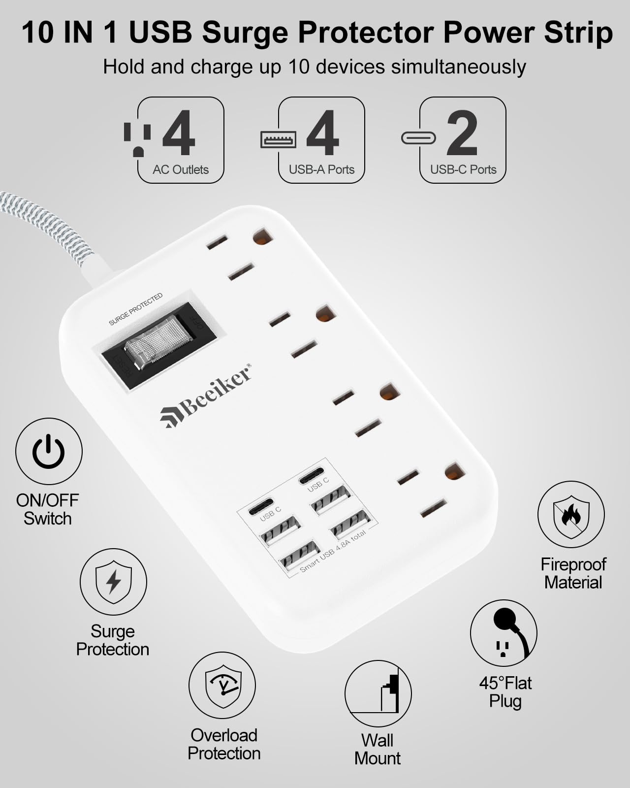 6 USB(2 USB C) Purple Travel Power Strip- 5Ft Lavender Extension Cord with 24W USB Charging Station and 4 Outlets, Purple Desk Accessories with Surge Protector for Cute Kawaii Office Dorm Room