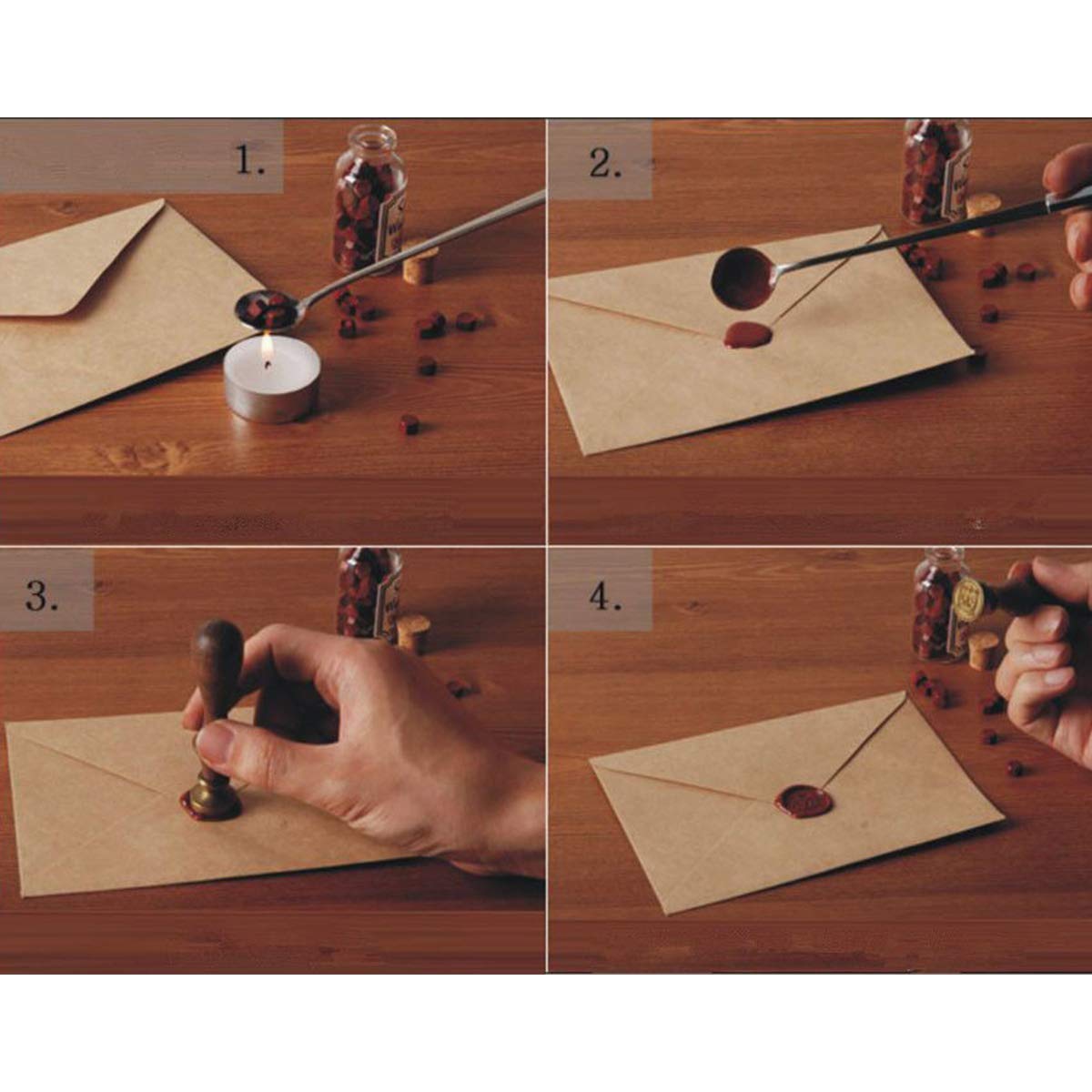 Hogwarts Seal Stamp Kit Gift for HP Fans - 1 Wooden Handle Seal + 3 Retro Waxes + 1 Spoon + 2 White Waxes (Brown)