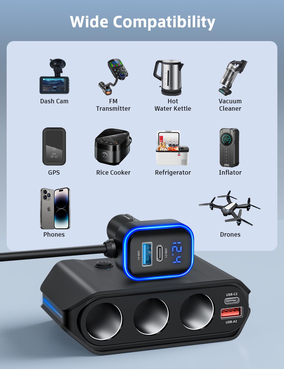 7 in 1 Cigarette Lighter Splitter, 180W [Dual PD & QC 3.0] Car Charger Adapter, 12V/24V Car USB Adapter Multi Socket with Voltmeter Fast Charging for iPhone 16/15/14 Samsung Galaxy Laptop Car Devices