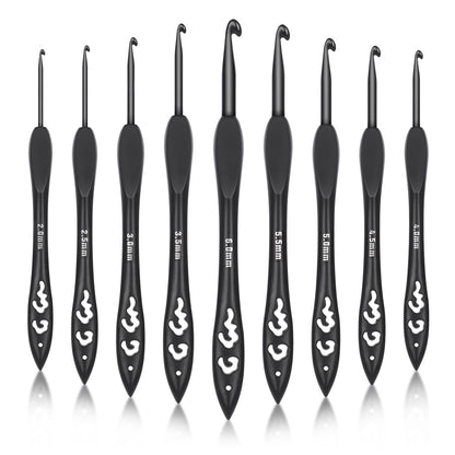 Katech 9 Sizes Crochet Hooks, Ergonomic Soft Grip Aluminum Crochet Hook Set, Black Plastic Crochet Needles for Arthritic Hands Beginners Kids Adults Ideal Crochet Lovers Gift 2.0mm(B)-6.0mm(J)