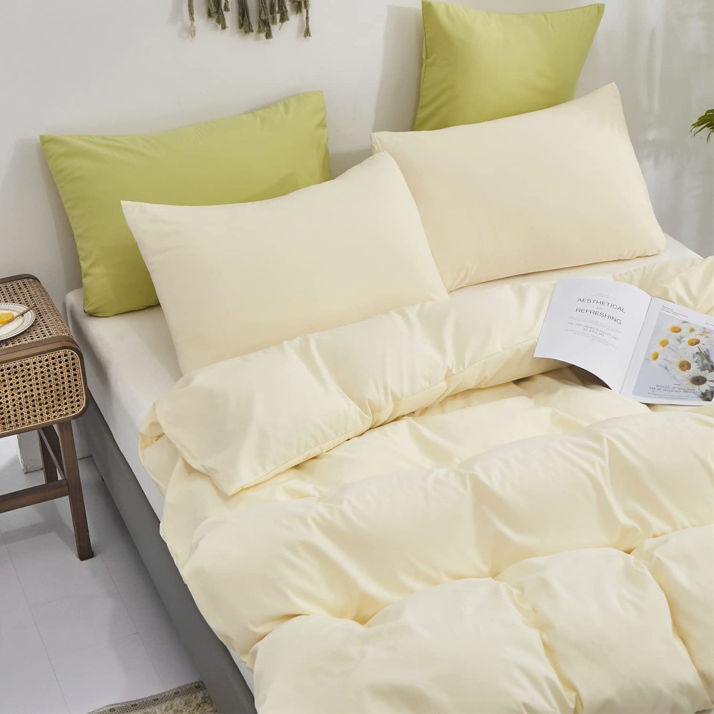 KAREVER Light Yellow Comforter Set Full Ivory Bedding Set Men Breathable Beige Bedding Set Women Soft Off White Ivory Bedding Comforter Set Full Size Comforter