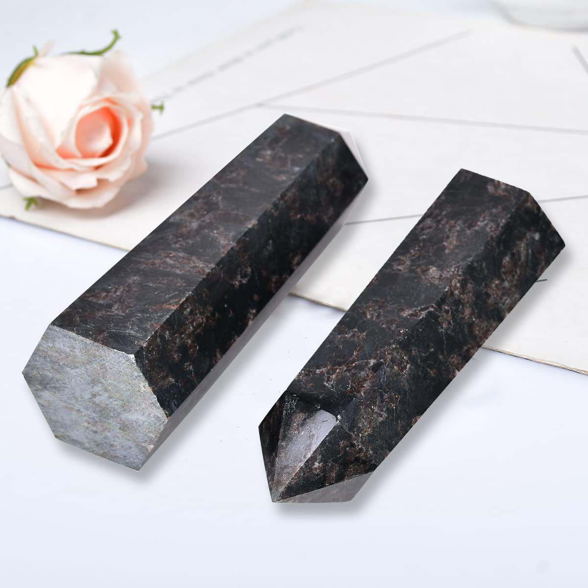 MOGEMT Large Astrophyllite Quartz Healing Crystal Tower Black Firework Stone Obelisk 6 Faceted Single Point Wand Reiki Chakra Meditation Therapy 1.5-2.0 LBS
