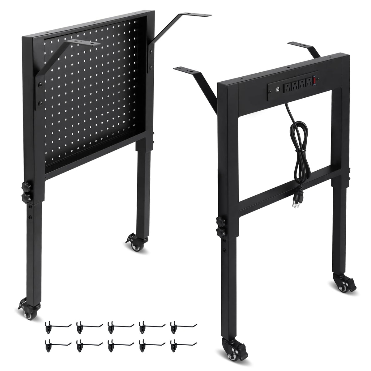Adjustable Height Workbench Legs with 4 Metal Wheels, Sturdy Industrial Furniture Table Legs with one Pegboard Panel, Perfect for Rolling Work Table and Work Bench
