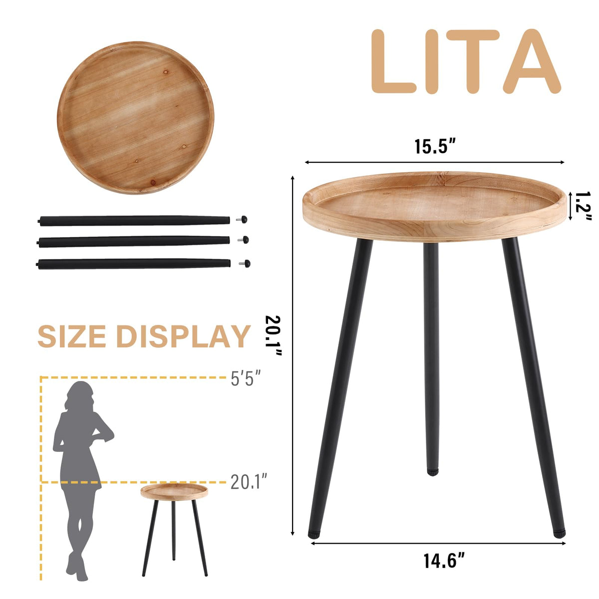 LITA Log Desktop Round Side End Table, Indoor Outdoor Wooden Tray Nightstand Table with Metal Stand for Living Room Bedroom Office Small Spaces (M)