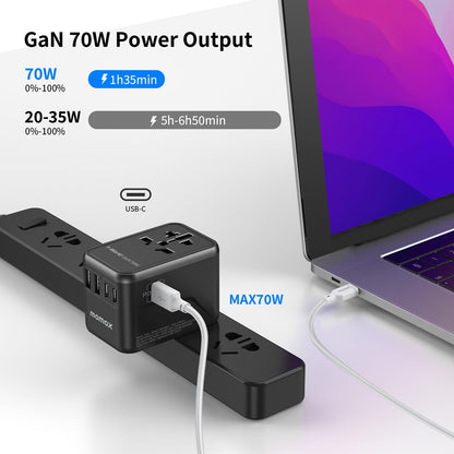 MOMAX Universal Travel Adapter,70W GaN Travel Plug Adapter with UK/EU/AU/US Plugs, 3USB-C PD & 2USB-A QC International Adapter Charger, Adapter Plug for Laptops Tablets Phones Vision Pro 1-World