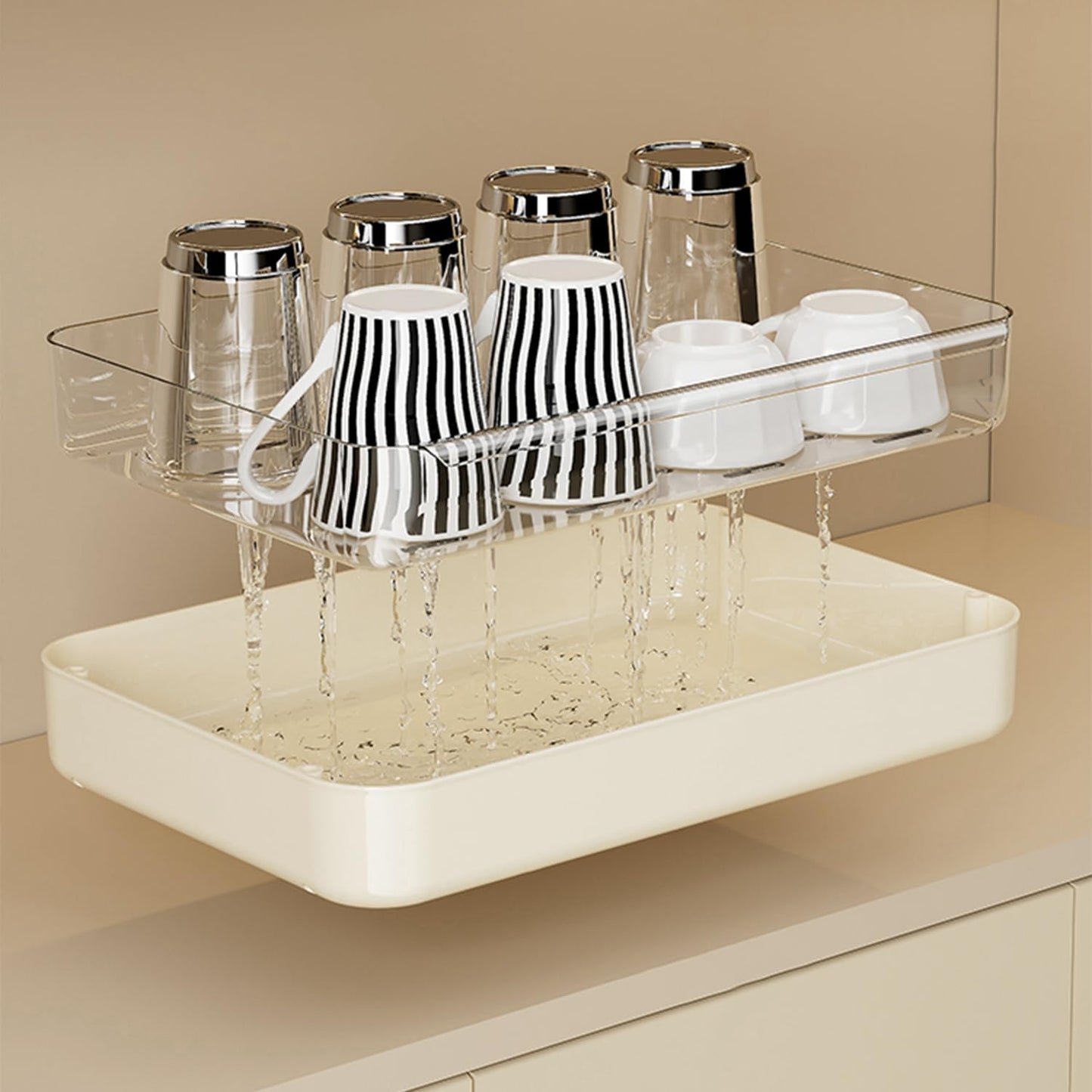 UFORU Countertop Coffee Station Organizer, 2 Tier Wine Glass Holder, Mug Shelf with Removable Drain Tray, Spice Rack for Kitchen, Bathroom Countertop Organizer, Cream White