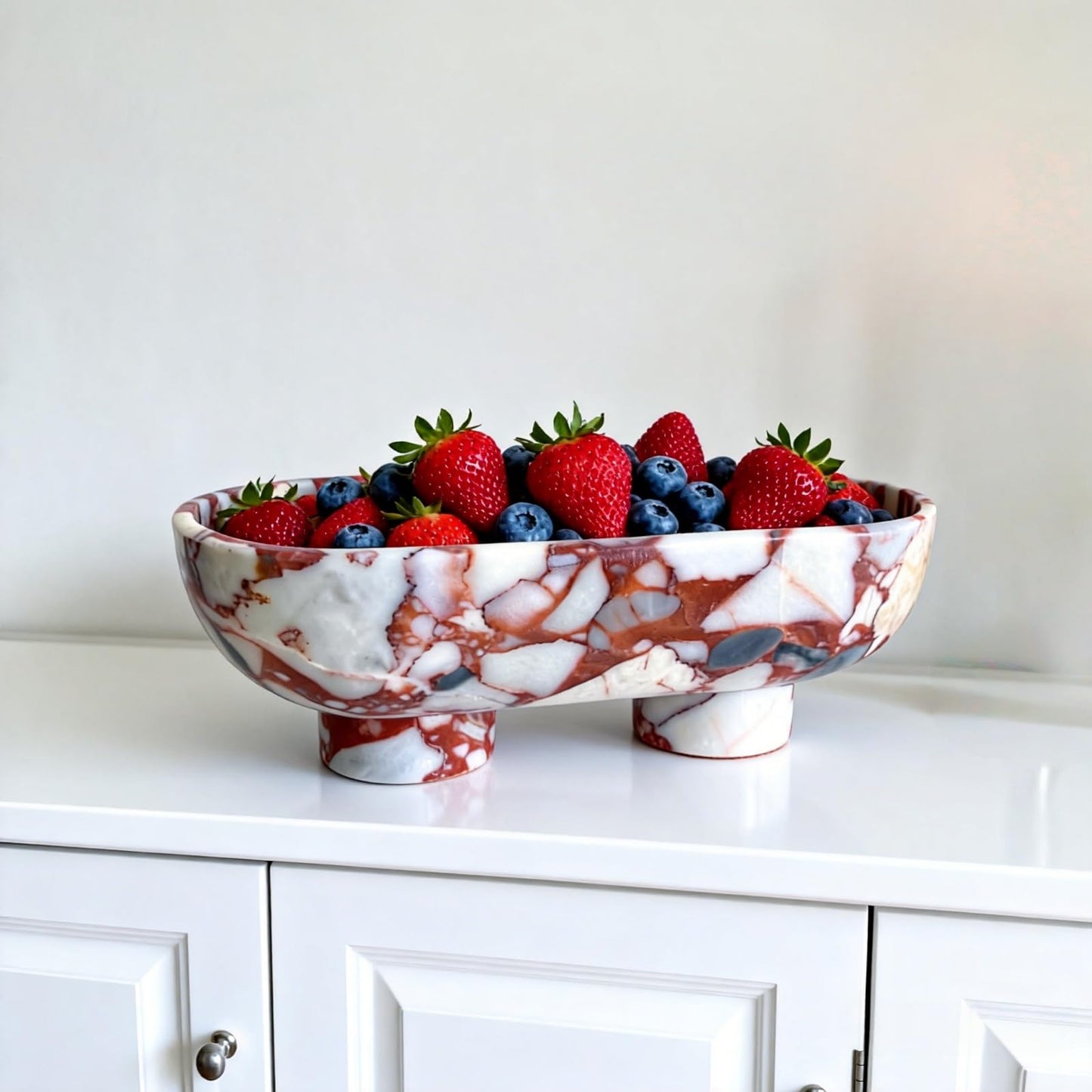 SAIDKOCC Natural Marble Oval 10" Fruit Bowl Large Decorative Bowl with Two-Legs for Home Decor, Dining Table, Kitchen Organization (Calacatta Red)