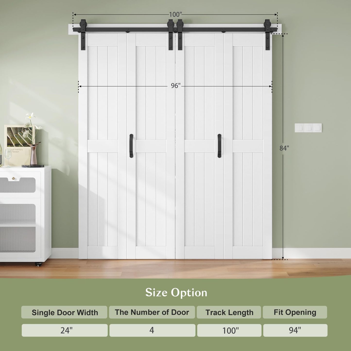 Finosen Bifold Barn Door 96 x 84 in (Four 24x84 Inch),Bi-fold Sliding Closet Doors with Hardware Track kit Included 8.6ft Rail for 4 Doors and Track Connector Black,DIY Assembly,Save Space.