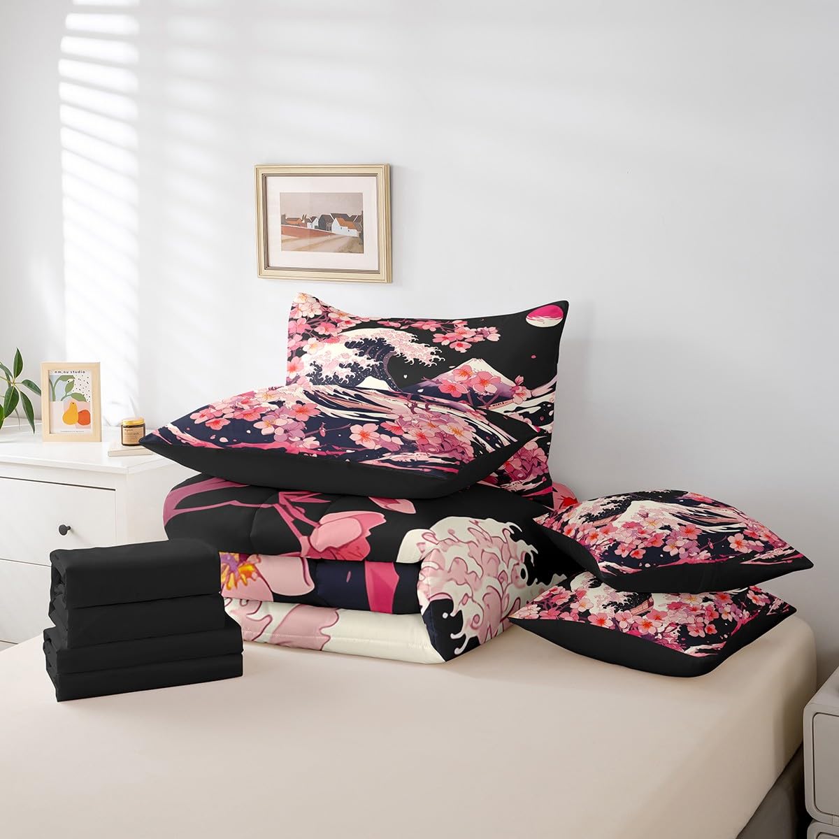 Erosebridal Pink Cherry Blossom Queen Comforter Set 7 Piece,Japanese Style Bedding Set for Girls Women Kids,Ocean Waves Bed Set Mountain Scene Bed in a Bag with Fitted Sheet,Flat Sheet,Pillowcases