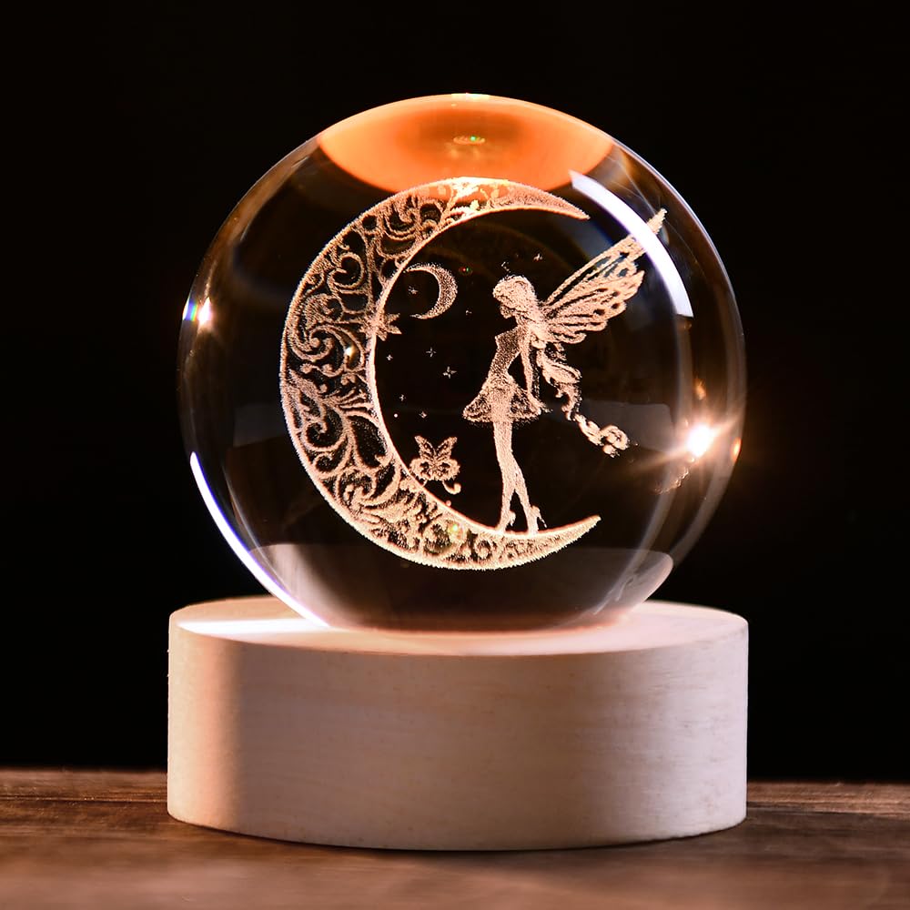 ZRENJHUS Moon Fairy Crystal Ball Decorative Ball 60mm Fairy Glass Sphere Decor 3D Dreamy Engraving Gifts for Girls Women Fairy Lovers Wedding Gift with Light Base
