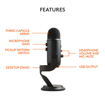 Logitech for Creators Blue Microphones Yeti USB Microphone (Blackout)