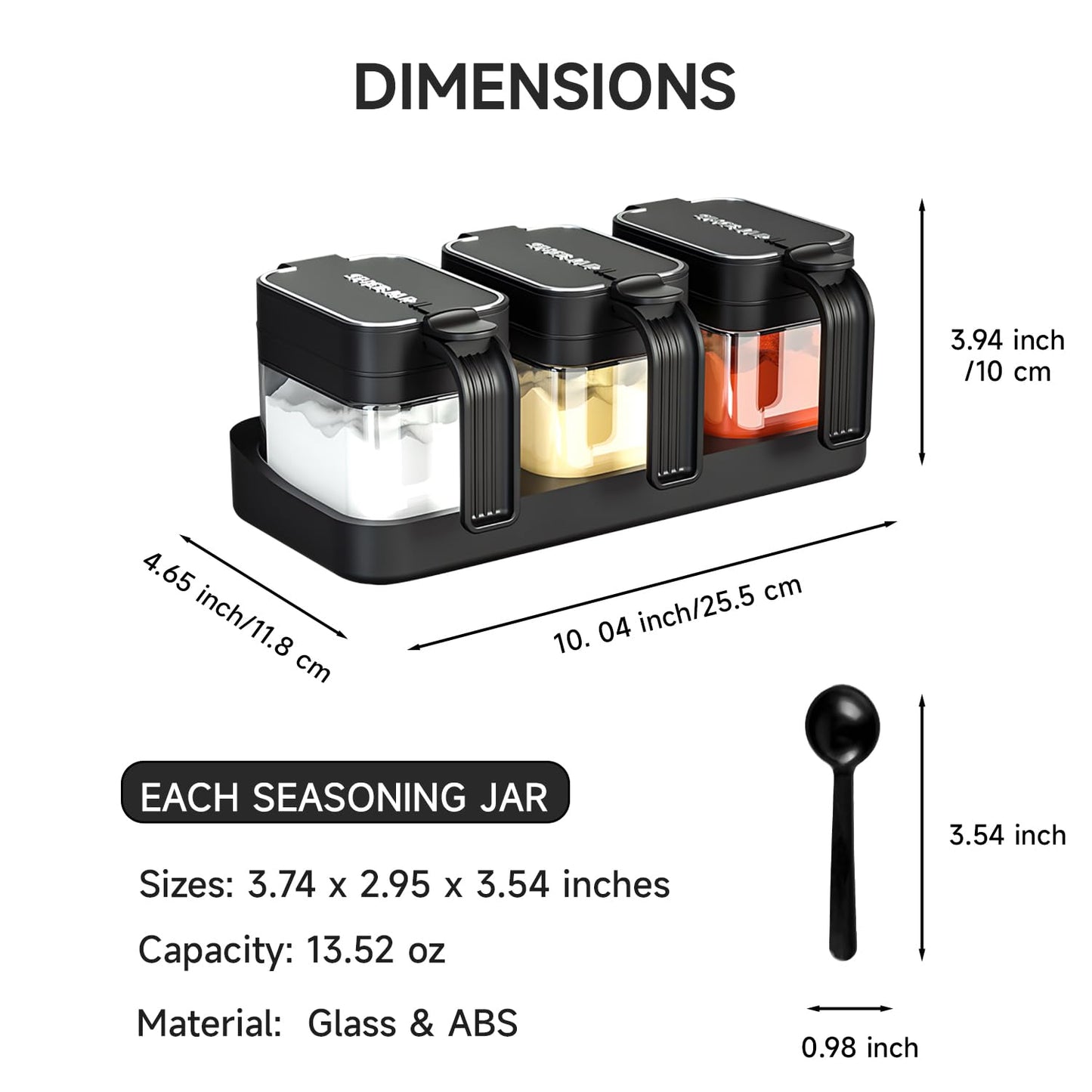 Mlici Seasoning Containers with Lid and Spoon, Set of 3 Glass Salt and Sugar Container, 13.52 Ounce Wall Mounted Condiment Jar Spice Box Set with Base for Hone Kitchen Countertop
