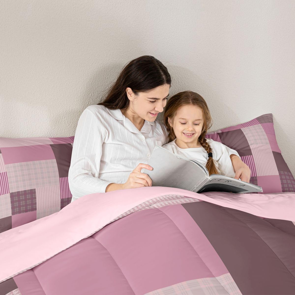 jejeloiu Plaid Bedding Set Soft for Boys Girls, Patchwork Comforter Set Queen Size Check Checkered Duvet Quilt Microfiber Grid Geometric Bedroom Decor 3 Pcs with 2 Pillow Cases