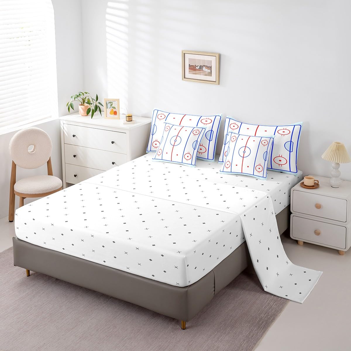 Erosebridal Ice Hockey Bedding Set Twin 7 Piece Winter Sports Game Comforter Sets Puck Design Bed in A Bag with Sheets Soft Breathable Microfiber Bed Set for Kids Boys Teens Child Room