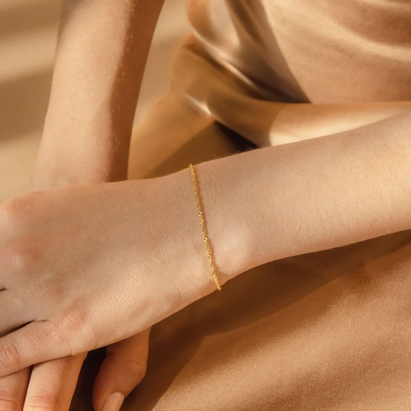 foyjoey 18K Gold Plated Thin Twist Chain Bracelets for Women Adjustable Simple Gold Layering Singapore Chain Bracelet Stainless Steel Dainty Everyday Waterproof Jewelry