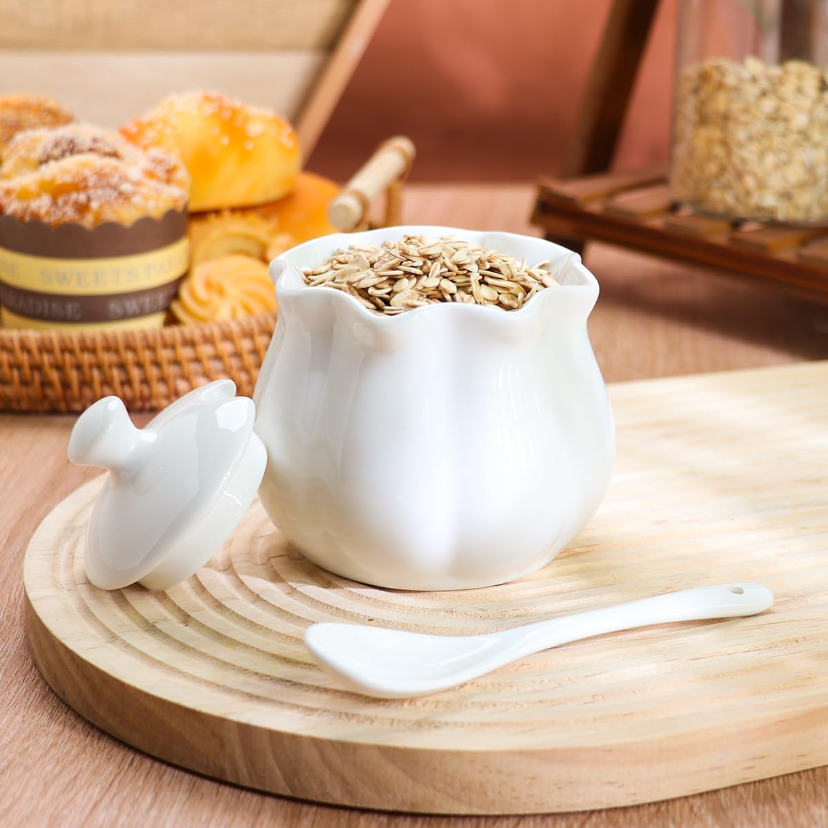 Swetwiny Ceramic Sugar Bowl with Lid and Spoon, Flower-Shaped Porcelain Salt Storage Jar, White Seasoning Container for Home and Kitchen, 9 Ounces