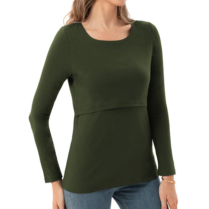 Bearsland Women's Nursing Shirt Long Sleeve Round Neck Breastfeeding Top, Black & Army Green & White Stripes, L