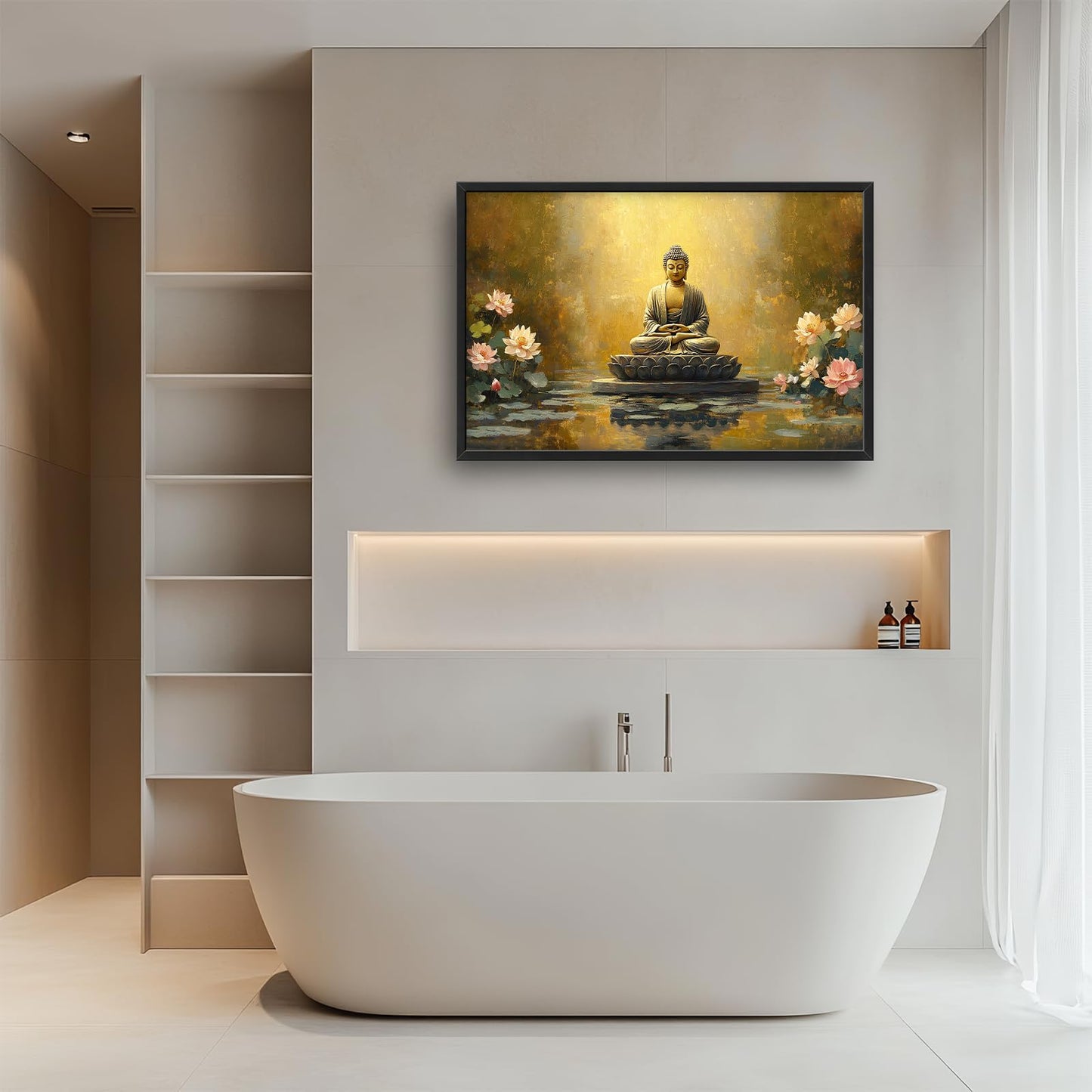 Buddha Lotus Large Wall Art Zen Meditation Wall Decor Spiritual Asian Calming Pictures Canvas Prints Peaceful Buddha Painting Framed Artwork for Yoga Bedroom Living Room Bathroom Home 36"x24"