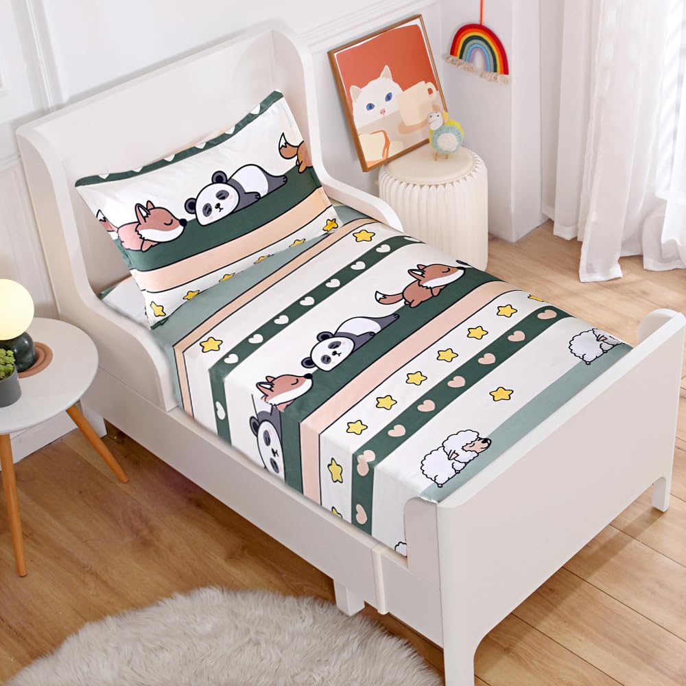 KWLOVER Bed Fitted Sheet and Pillowcase Set,Animals Cute Panda Printed Fitted Sheet for Kids Twin Size Bed (Green, Twin)
