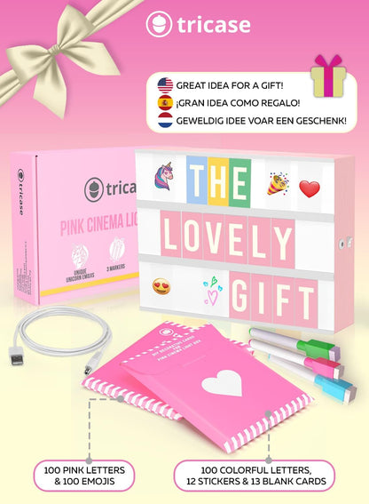 Pink Cinema Light Box with 312 Letters, Emojis & 3 Markers - Led Light Box Sign for Home & Pink Room Decor - Premium Light Up Letter Board - Best Gift Idea for Women & Girls on Christmas or Birthdays