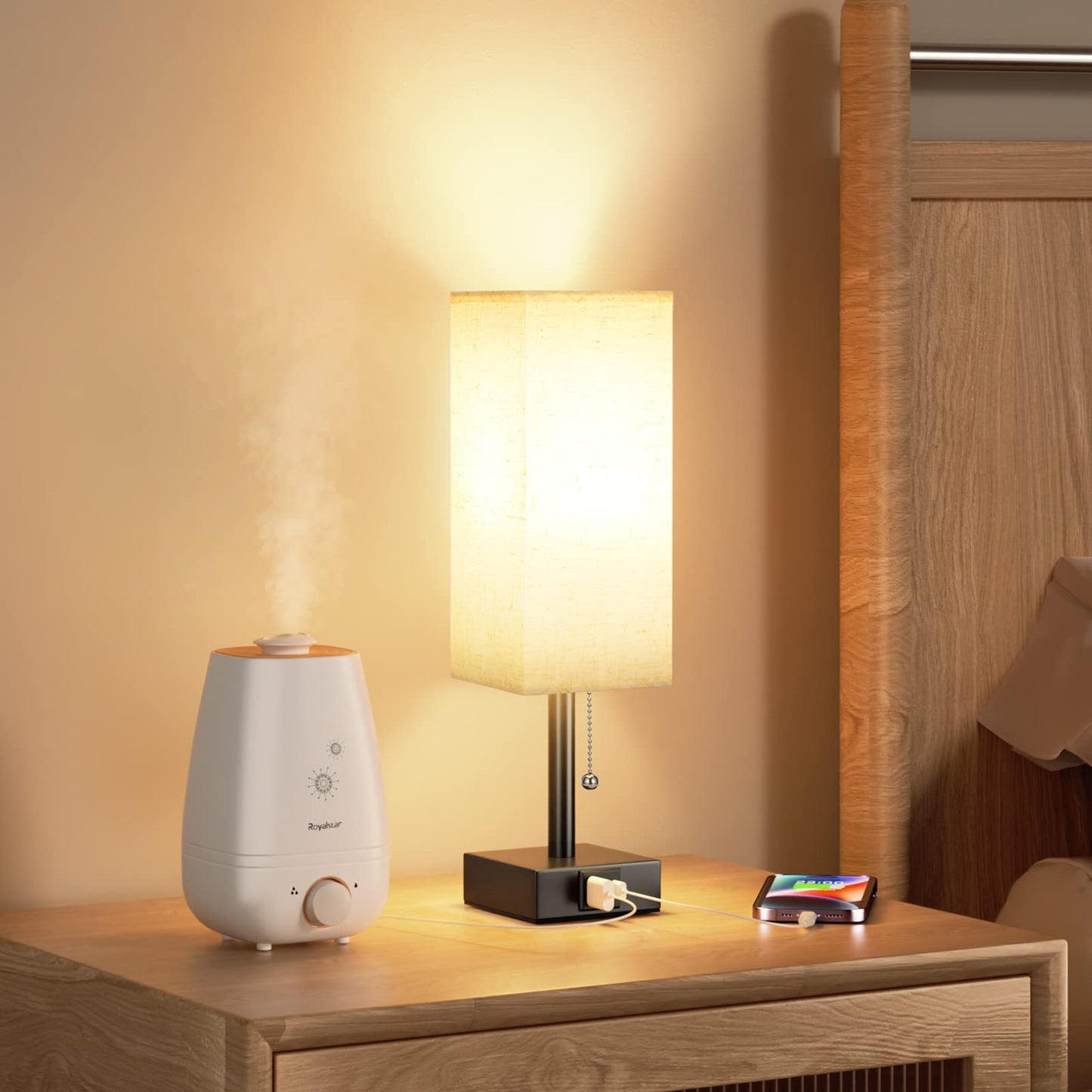 Aooshine Bedside Lamps, Table Lamp with USB C+A Charging Ports, Small Lamp with 3-Color Modes with Pull Chain, Bedroom Lamps with Beige White Fabric Shade(LED Bulb Included)