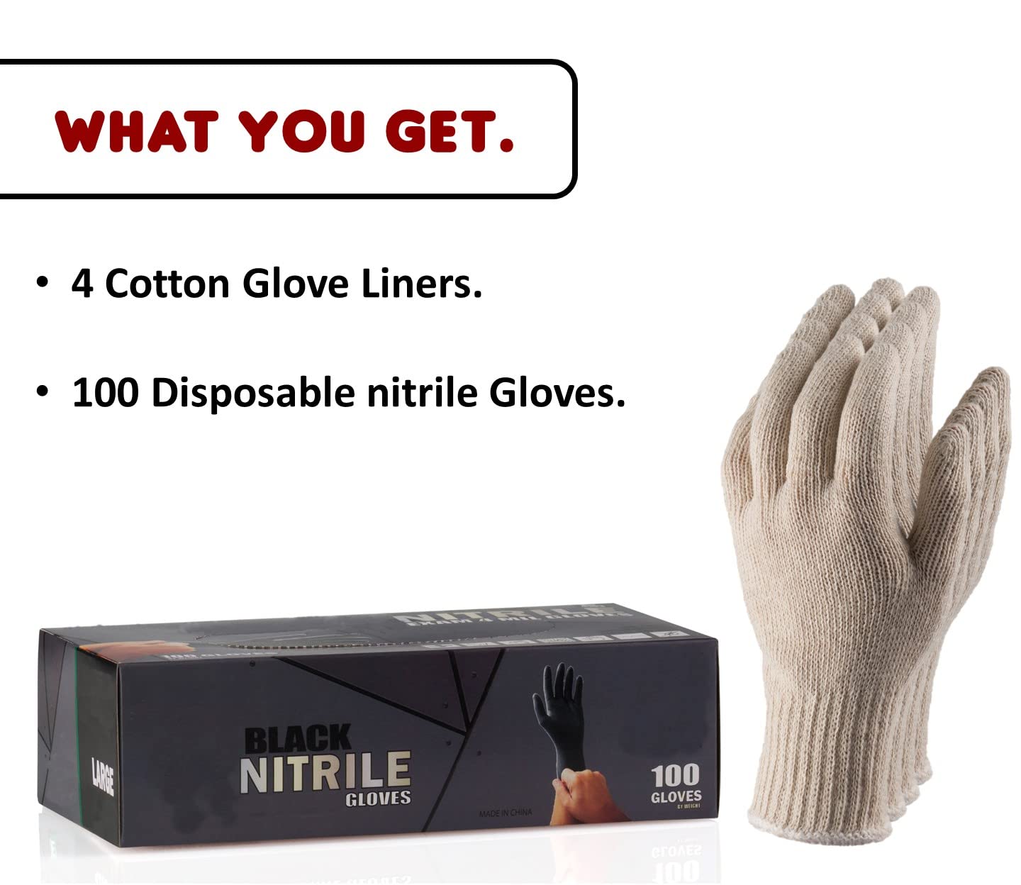 Nechtik BBQ Gloves disposable - 4 Cotton Glove Liners and 100 Disposable Gloves, Machine Washable Cotton Liners - Powder Free Latex Free, Black Nitrile Gloves
