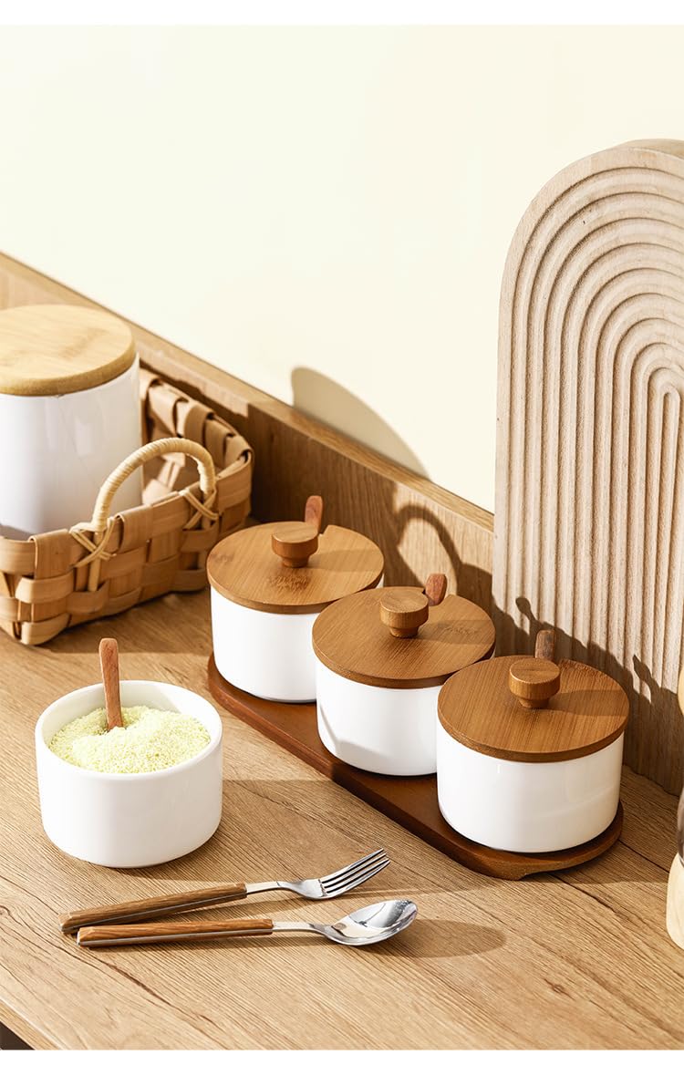 WINRIOO Ceramic Condiment Container with Lids and Spoons，Spice Jars Set of 3 for Sugar Salt Pepper Spice Pots Bowl，with Wooden Tray for Serving, Counter, Home, Kitchen