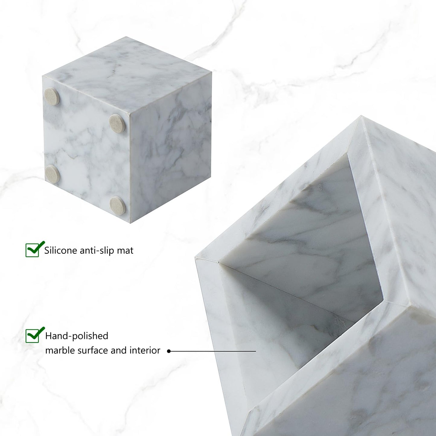 Real Luxurious Natural Marble Toothbrush Holder & Makeup Brush Organizer & Pen Holder for Desk,3.93inch Square Marble Utensil Holder Non-Ceramic/Non-Resin （White）