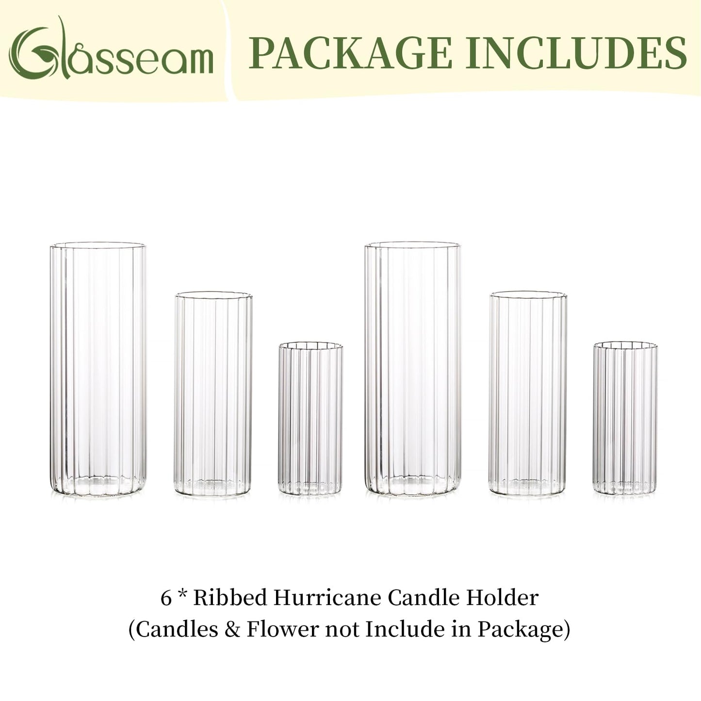Glasseam Ribbed Glass Candle Holder, Cylinder Candle Holders for Pillar Candles, Clear Hurricane Candle Holder Set of 6, Decorative Floating Candle Vases for Centerpieces Wedding Table Decorations