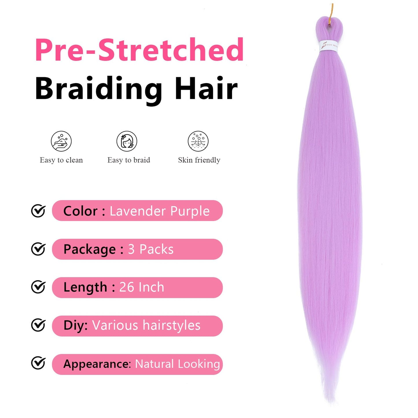Purple Hair Extensions Pre Stretched Braiding Hair - 26 Inch Purple Hair For Braiding Hair Soft Yaki Texture 3 Packs Crochet Braids Hair Extensions for Black Women (Lavender Purple)