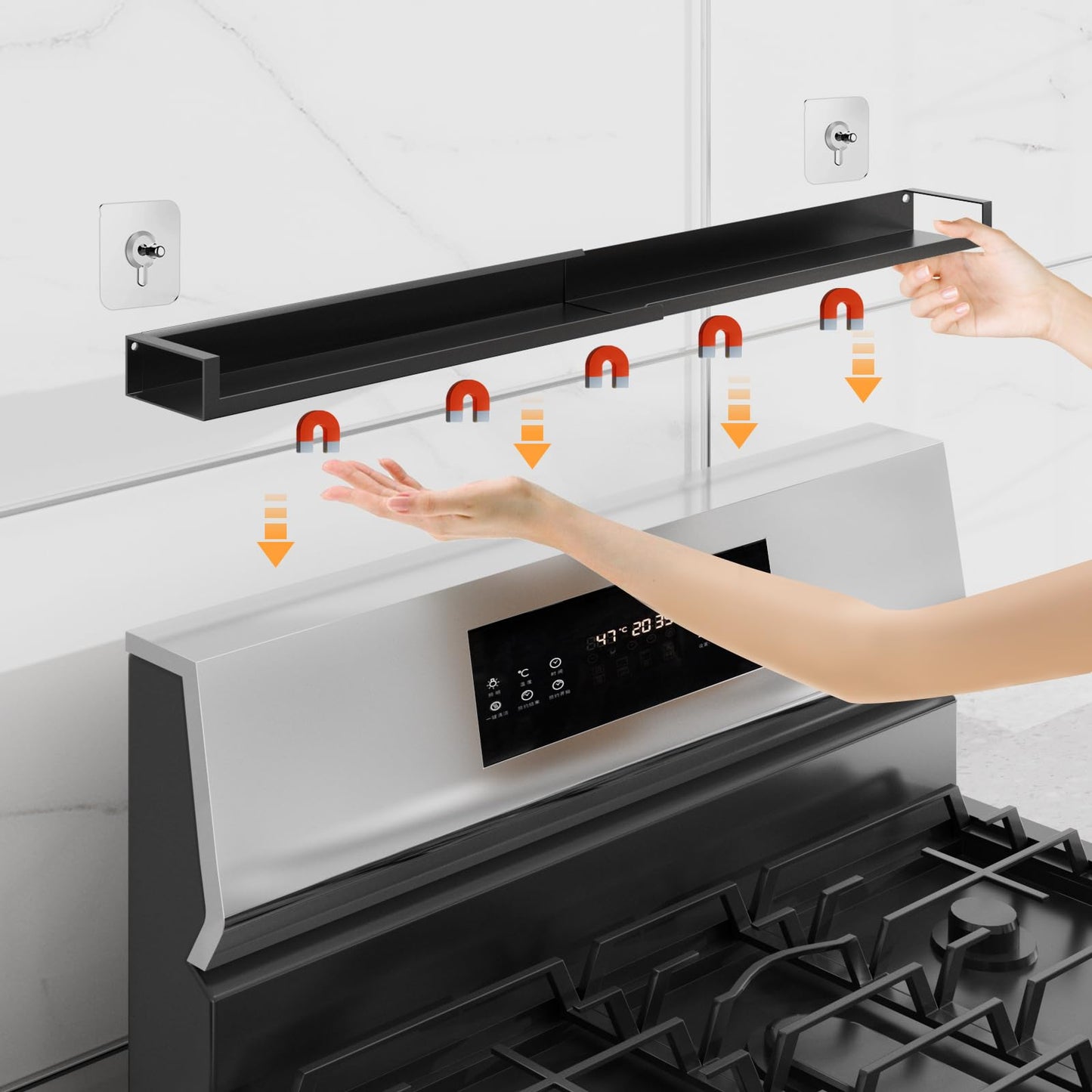 VANGAYH Magnetic Shelf for Stove Top, Adjustable 15"-30" Stove Top Shelf Kitchen Magnetic Spice Rack Organizer Storage, Stainless Steel, Metallic Black