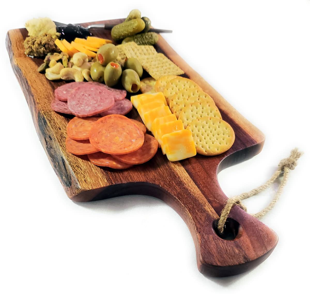 Acacia Charcuterie Board with Natural Live Edge & Handle - Wood Cheese Board - Decorative Wooden Serving & Cutting Board - Housewarming, Mothers Day, New Home & Wedding Gifts (18” x 8”)