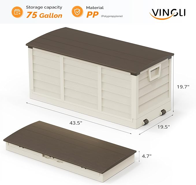 VINGLI 75 Gallon Collapsible Outdoor Storage Box, Simple-to-assemble Plastic Storage Containers with Lid, Patio Deck Box Furniture for Garden, Pool, Balcony, Yard (Coffee)