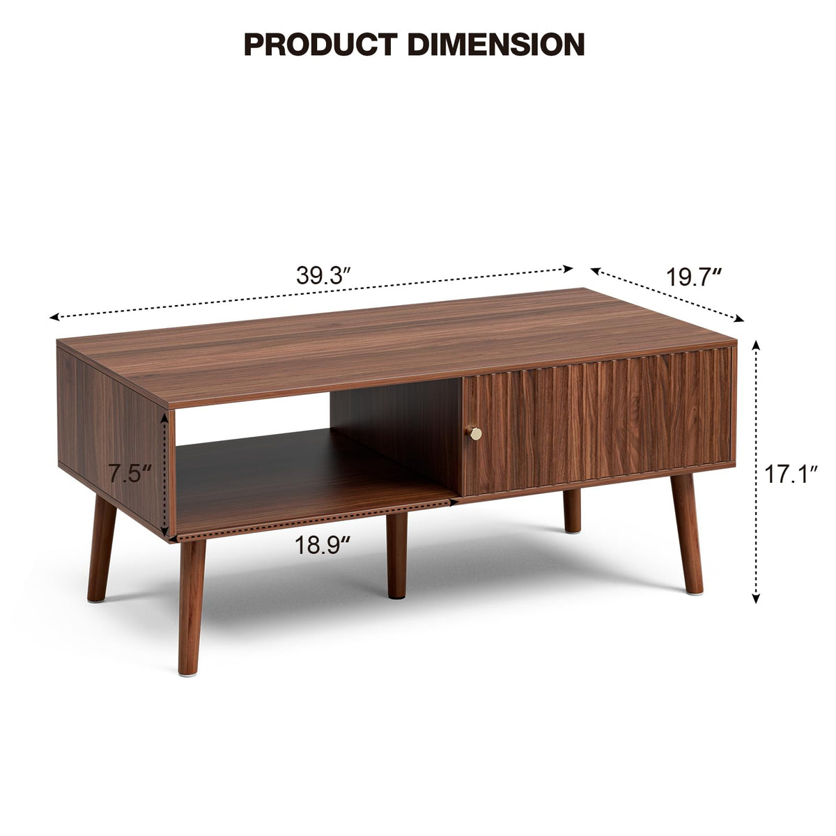 LCRBOL Coffee Table with Fluted Sliding Door, Mid-Century, Walnut