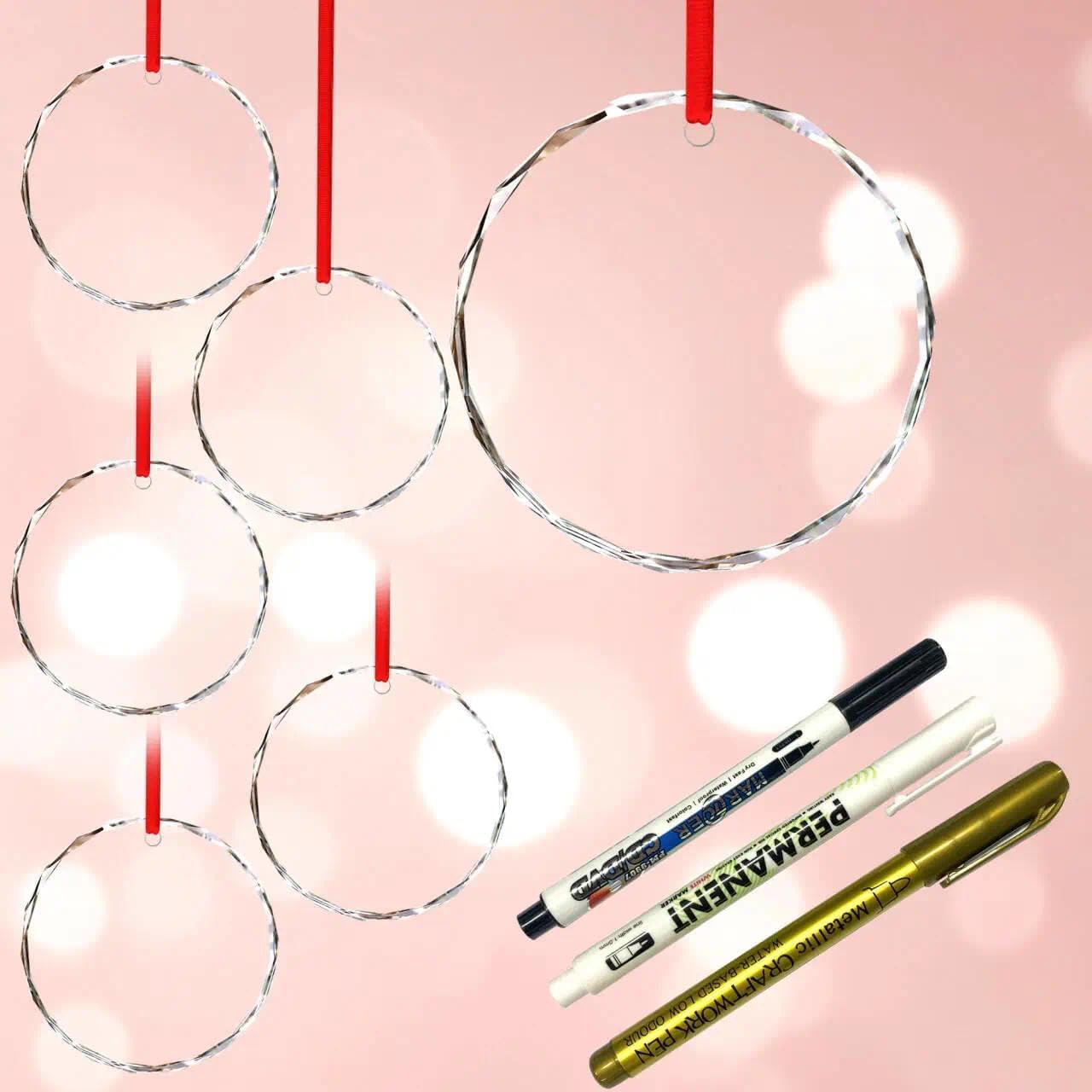 kanpura 6 Pcs Personalized Glass Ornaments Set 3 Inch Clear Round Glass Ornament Blank with Red Ribbon for DIY Crafting Holiday Decor (Includes Black, White, and Gold Markers)