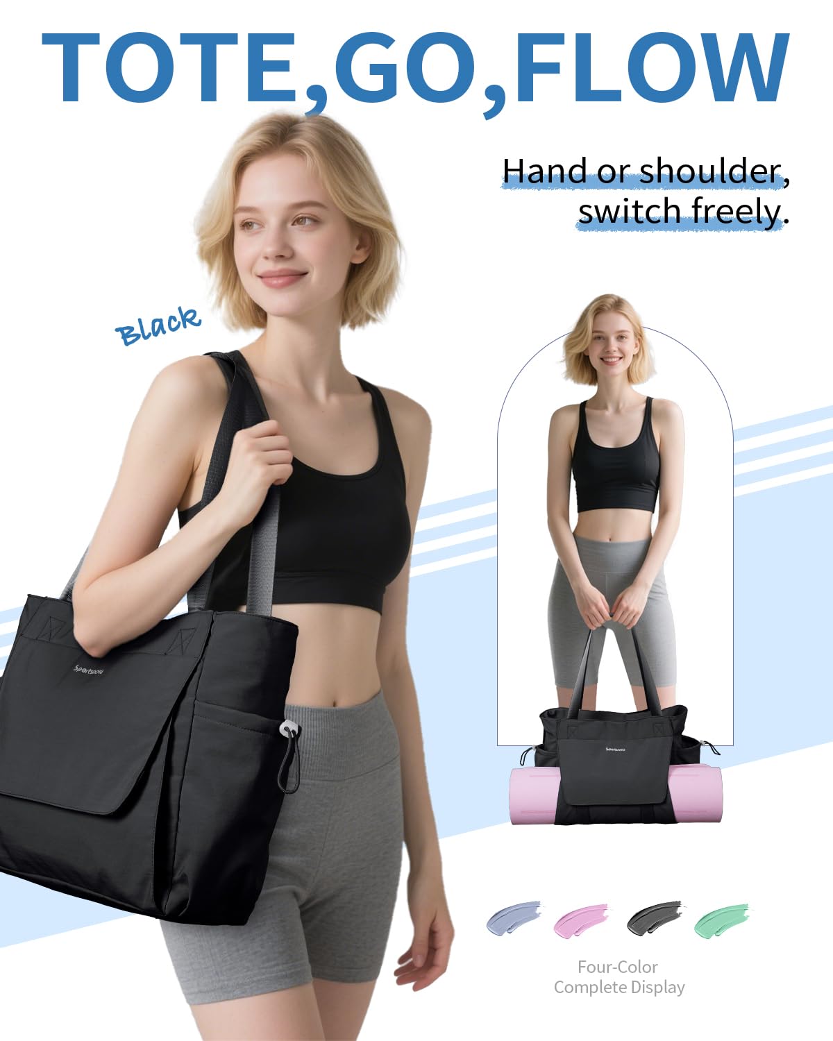 sportsnew Yoga Mat Bag Tote Yoga Gym Bags For Women Men with Waterproof Wet Pocket & Hook-and-loop, Quick Access Storage Yoga Mat Bag Carrier, Black