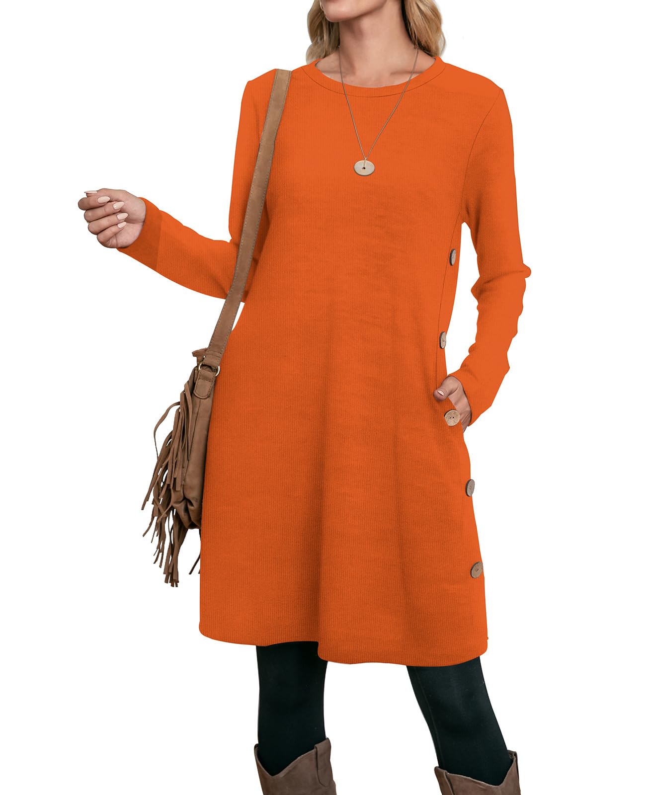 OFEEFAN Fall Dresses for Women 2024 Long Sleeve Dress Halloween Dresses Orange Sweater Dress L