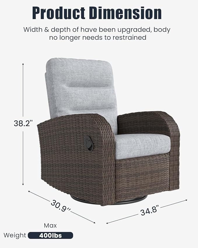 Outdoor Swivel Recliner Chair, All-Weather Wicker Reclining Patio Chair with Adjustable Backrest and Footrest