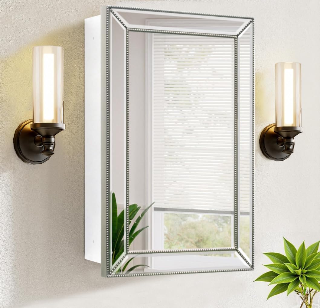 FOMAYKO 24"x36" Retro Beaded Medicine Cabinet with Beveled Mirror - Wooden Frame, Recessed & Surface Mount Bathroom Storage Cabinet