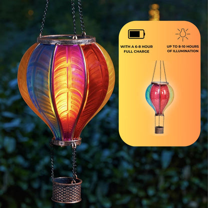 Festive Lights - 45cm Solar Power Rainbow Stain Cool Fiesta Realistic Flame Outdoor Hanging SMD LED Hot Air Balloon Lantern - Multicoloured Glass Effect Flaming Garden Light with Handle
