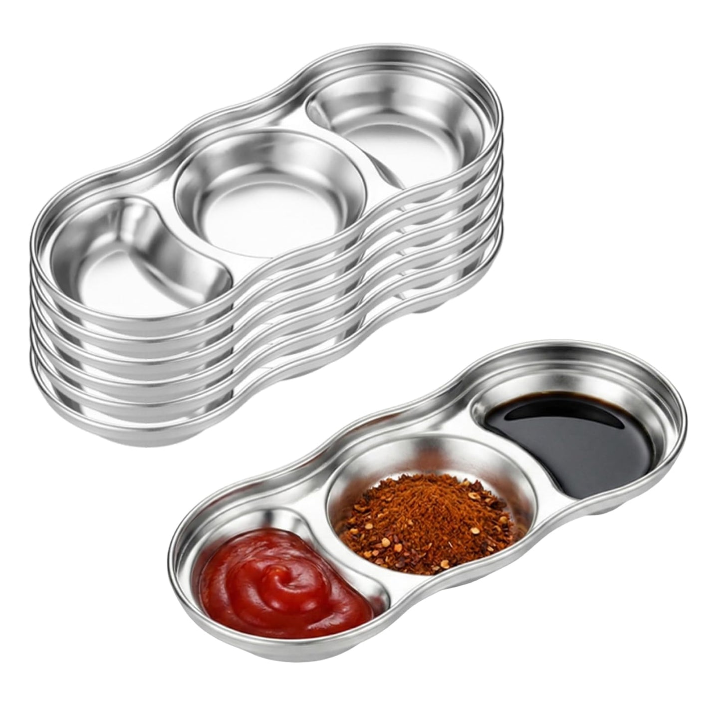 Zynexa 6 Pcs Soy Sauce Dish Stainless Steel 3 Compartment Korean Sauce Plate Condiment Tray Banchan Dishes for BBQ Vinegar Spice Salt Sugar Home Restaurant (Silver (Type 2))